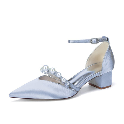 Women's Silk Satin With Closed Toe Ankle Strap Chunky Heel Evening Shoes With Pearl