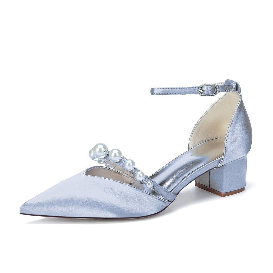 Women's Silk Satin With Closed Toe Ankle Strap Chunky Heel Evening Shoes With Pearl