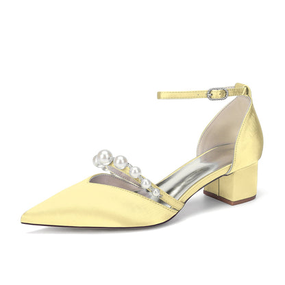 Women's Silk Satin With Closed Toe Ankle Strap Chunky Heel Evening Shoes With Pearl