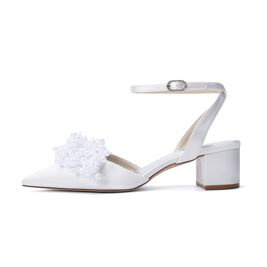 Women's Silk Satin With Closed Toe Ankle Strap Chunky Heel Evening Shoes With Beading