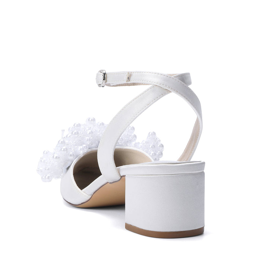 Women's Silk Satin With Closed Toe Ankle Strap Chunky Heel Evening Shoes With Beading