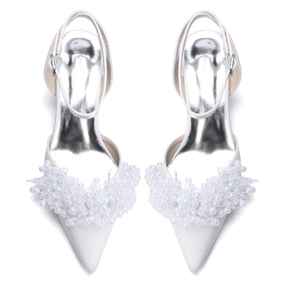 Women's Silk Satin With Closed Toe Ankle Strap Chunky Heel Evening Shoes With Beading