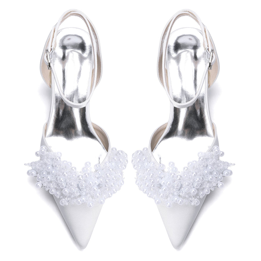 Women's Silk Satin With Closed Toe Ankle Strap Chunky Heel Evening Shoes With Beading