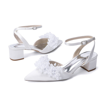 Women's Silk Satin With Closed Toe Ankle Strap Chunky Heel Evening Shoes With Beading