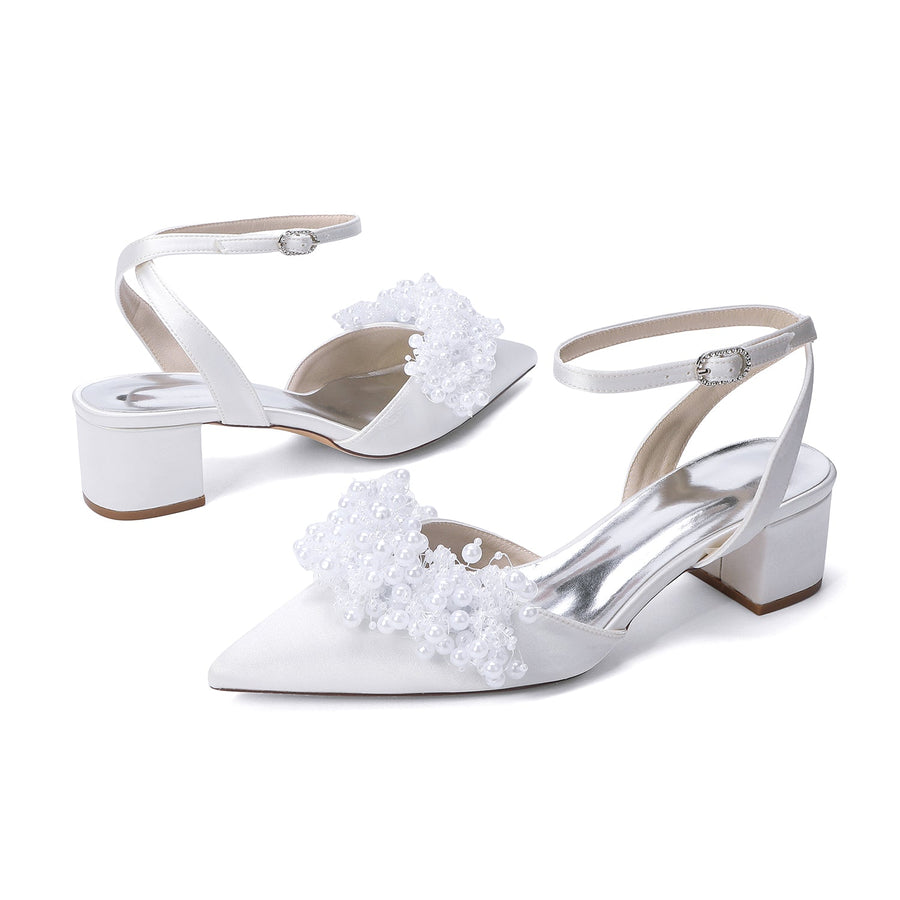 Women's Silk Satin With Closed Toe Ankle Strap Chunky Heel Evening Shoes With Beading