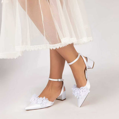 Women's Silk Satin With Closed Toe Ankle Strap Chunky Heel Evening Shoes With Beading