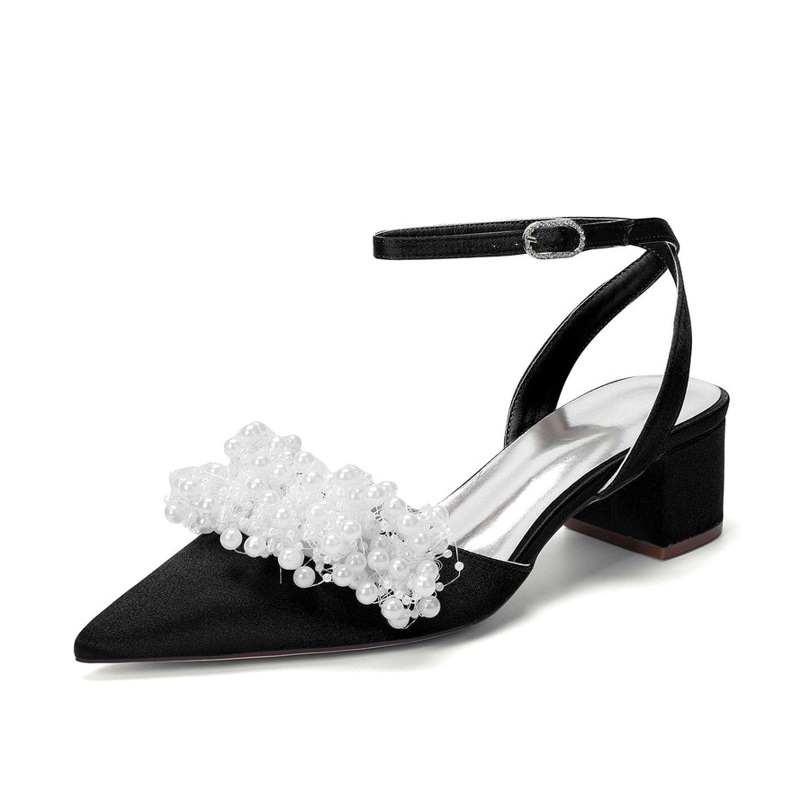 Women's Silk Satin With Closed Toe Ankle Strap Chunky Heel Evening Shoes With Beading