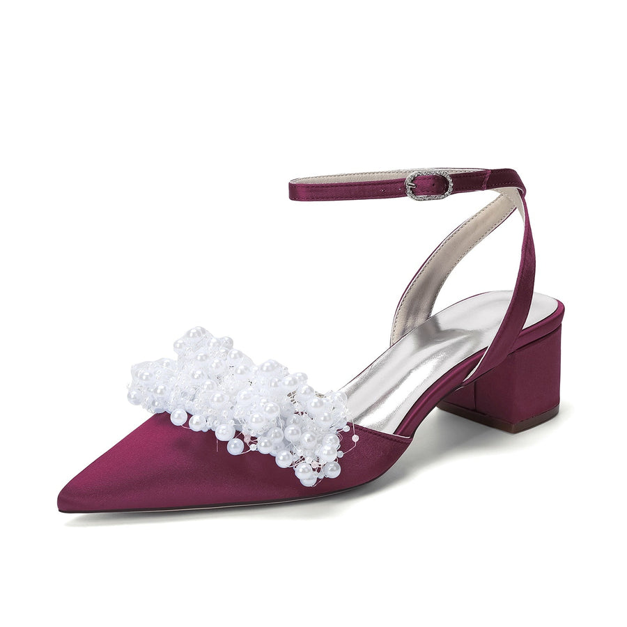Women's Silk Satin With Closed Toe Ankle Strap Chunky Heel Evening Shoes With Beading