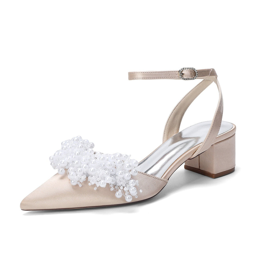 Women's Silk Satin With Closed Toe Ankle Strap Chunky Heel Evening Shoes With Beading