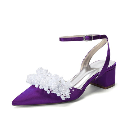 Women's Silk Satin With Closed Toe Ankle Strap Chunky Heel Evening Shoes With Beading