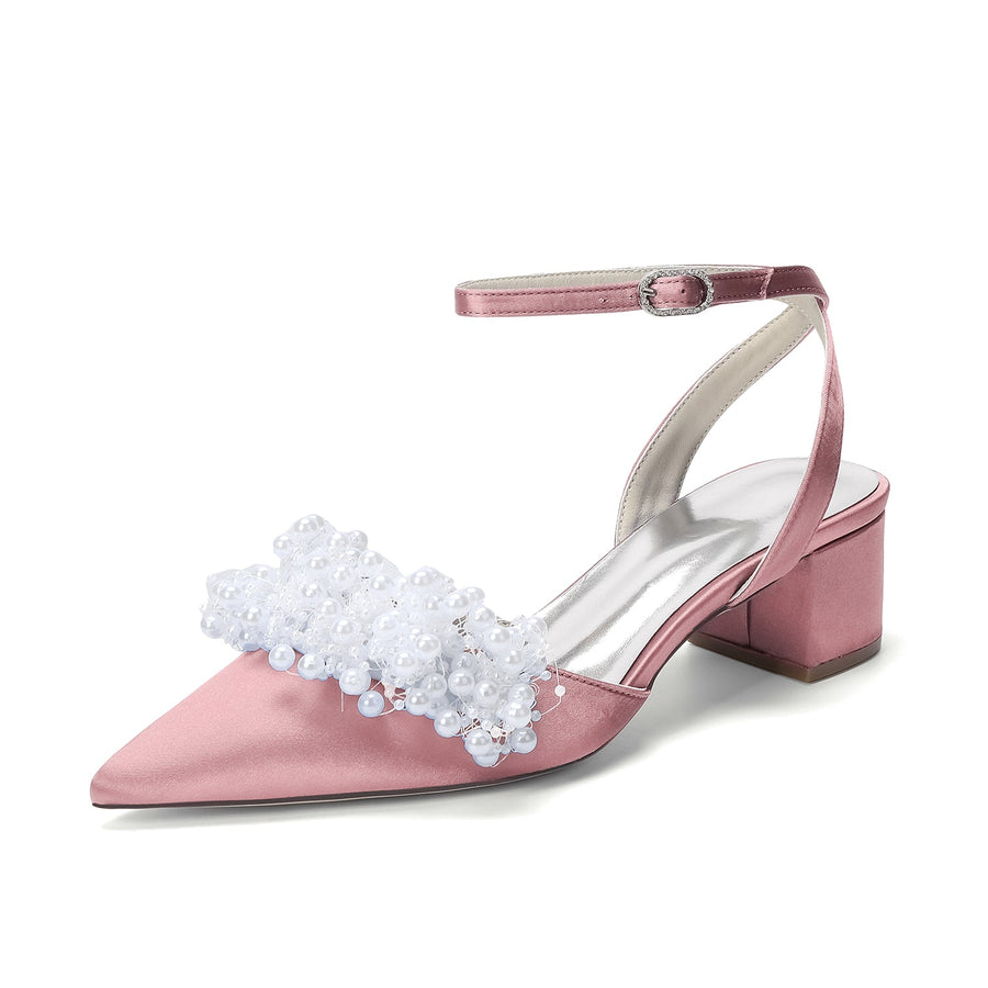 Women's Silk Satin With Closed Toe Ankle Strap Chunky Heel Evening Shoes With Beading