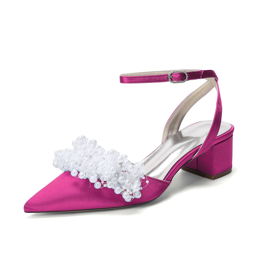 Women's Silk Satin With Closed Toe Ankle Strap Chunky Heel Evening Shoes With Beading
