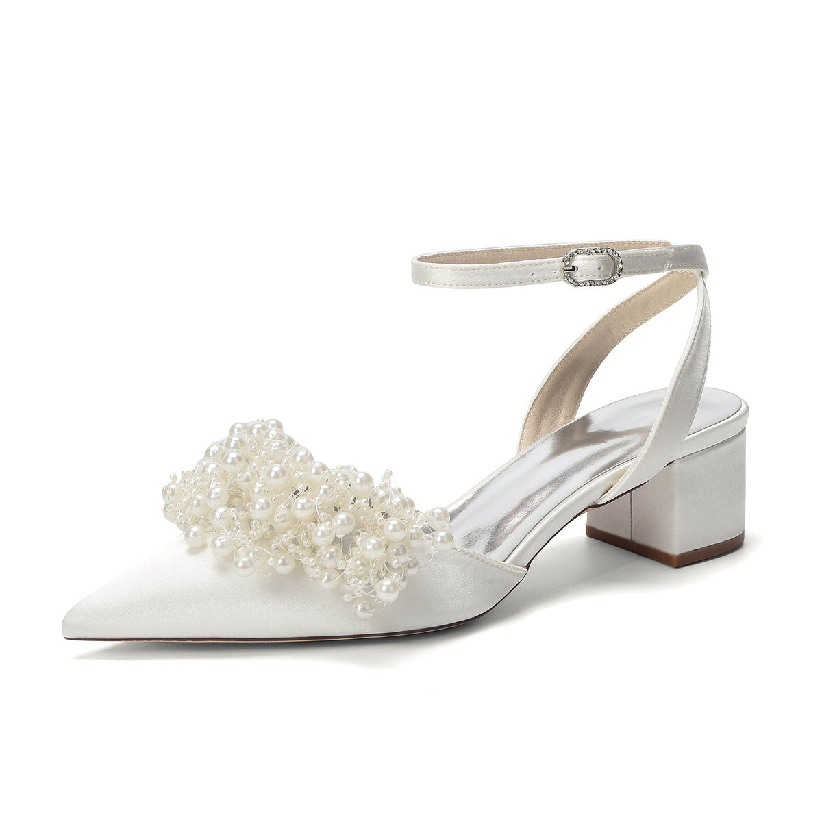 Women's Silk Satin With Closed Toe Ankle Strap Chunky Heel Evening Shoes With Beading