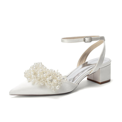 Women's Silk Satin With Closed Toe Ankle Strap Chunky Heel Evening Shoes With Beading
