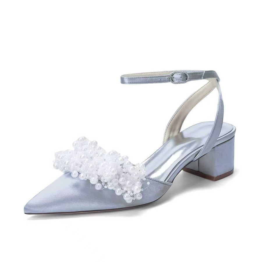 Women's Silk Satin With Closed Toe Ankle Strap Chunky Heel Evening Shoes With Beading