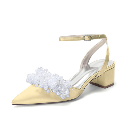 Women's Silk Satin With Closed Toe Ankle Strap Chunky Heel Evening Shoes With Beading
