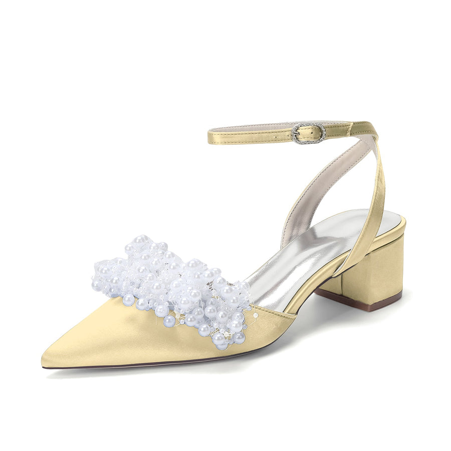 Women's Silk Satin With Closed Toe Ankle Strap Chunky Heel Evening Shoes With Beading