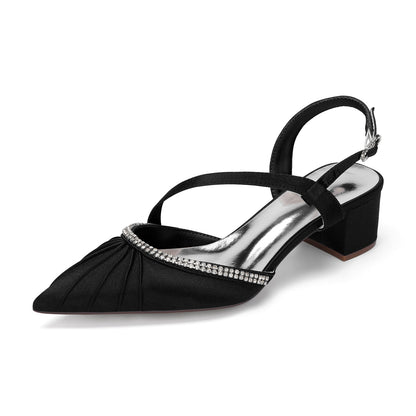 Women's Silk Satin With Closed Toe Ankle Strap Chunky Heel Evening Shoes With Pleats