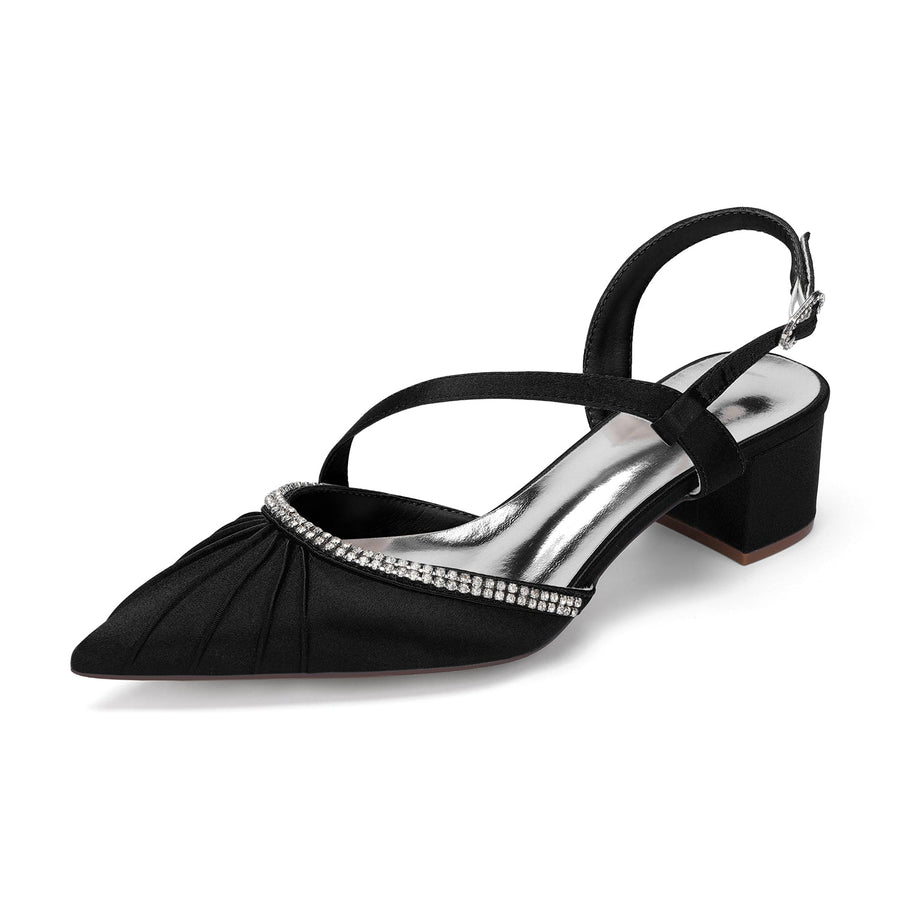 Women's Silk Satin With Closed Toe Ankle Strap Chunky Heel Evening Shoes With Pleats