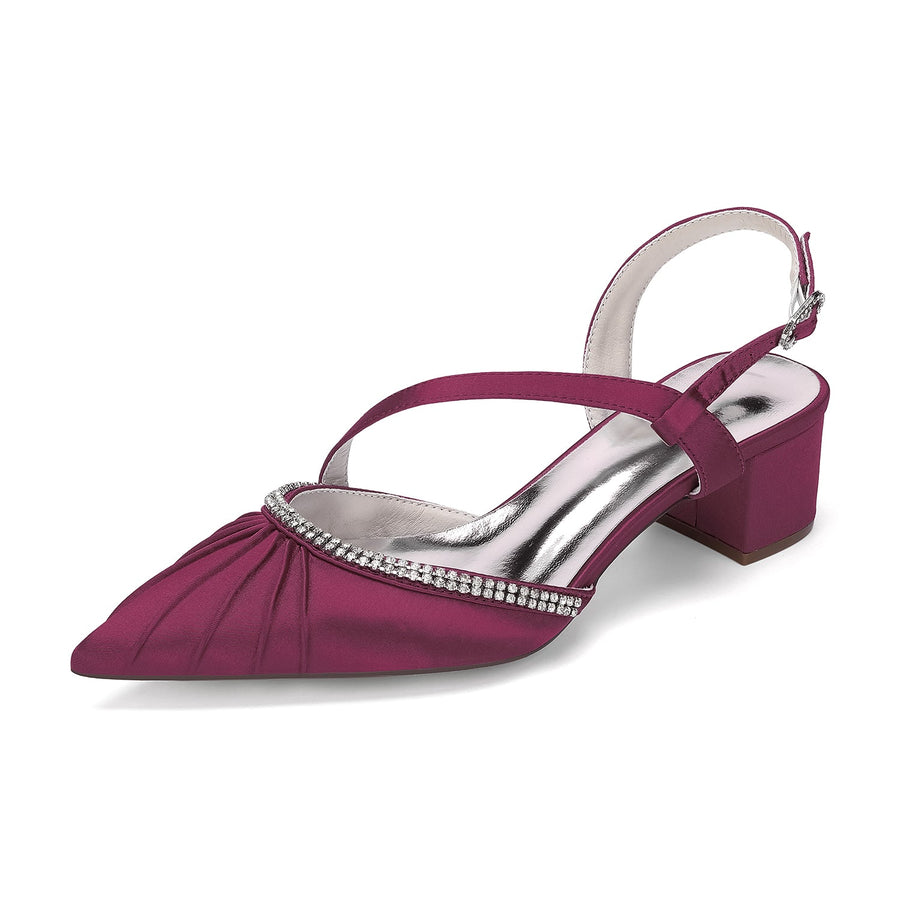 Women's Silk Satin With Closed Toe Ankle Strap Chunky Heel Evening Shoes With Pleats