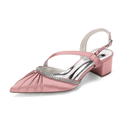 Women's Silk Satin With Closed Toe Ankle Strap Chunky Heel Evening Shoes With Pleats