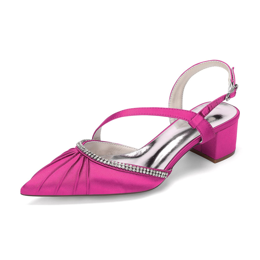 Women's Silk Satin With Closed Toe Ankle Strap Chunky Heel Evening Shoes With Pleats