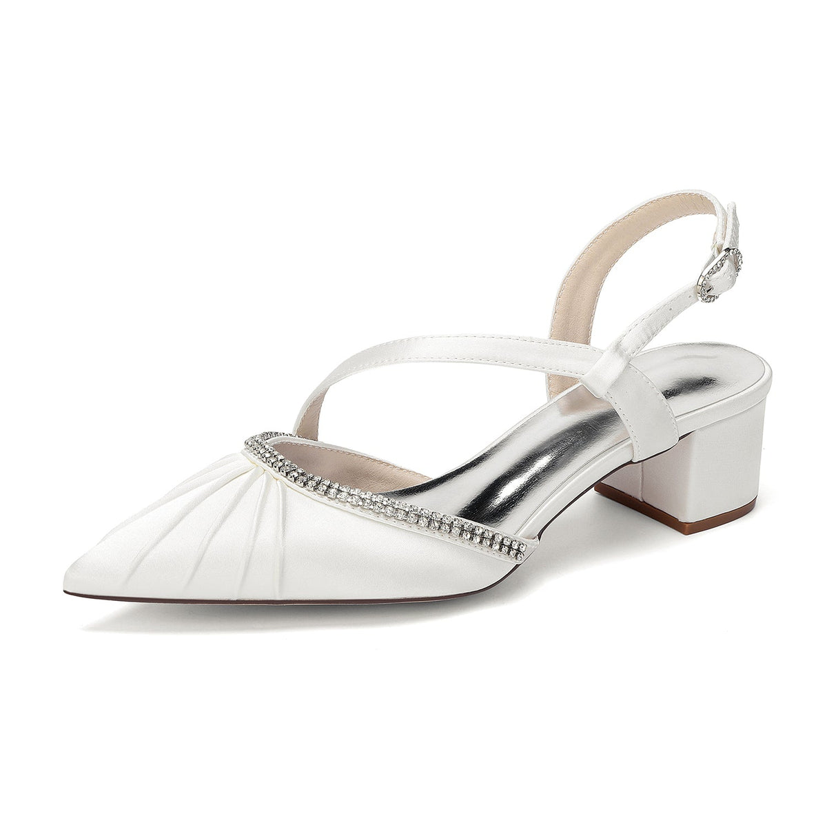 Women's Silk Satin With Closed Toe Ankle Strap Chunky Heel Evening Shoes With Pleats