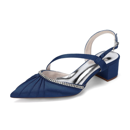 Women's Silk Satin With Closed Toe Ankle Strap Chunky Heel Evening Shoes With Pleats