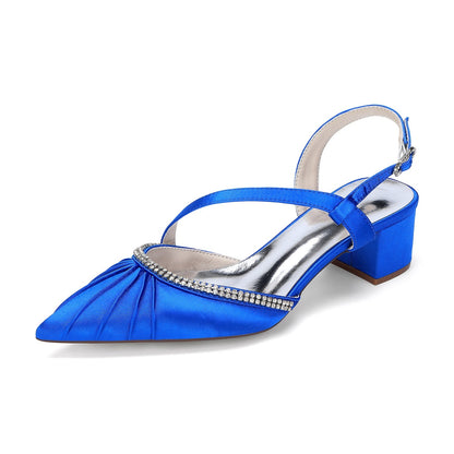 Women's Silk Satin With Closed Toe Ankle Strap Chunky Heel Evening Shoes With Pleats