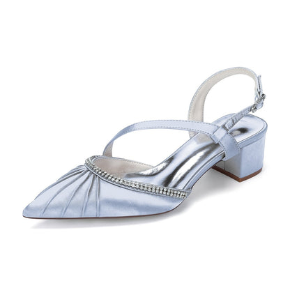 Women's Silk Satin With Closed Toe Ankle Strap Chunky Heel Evening Shoes With Pleats