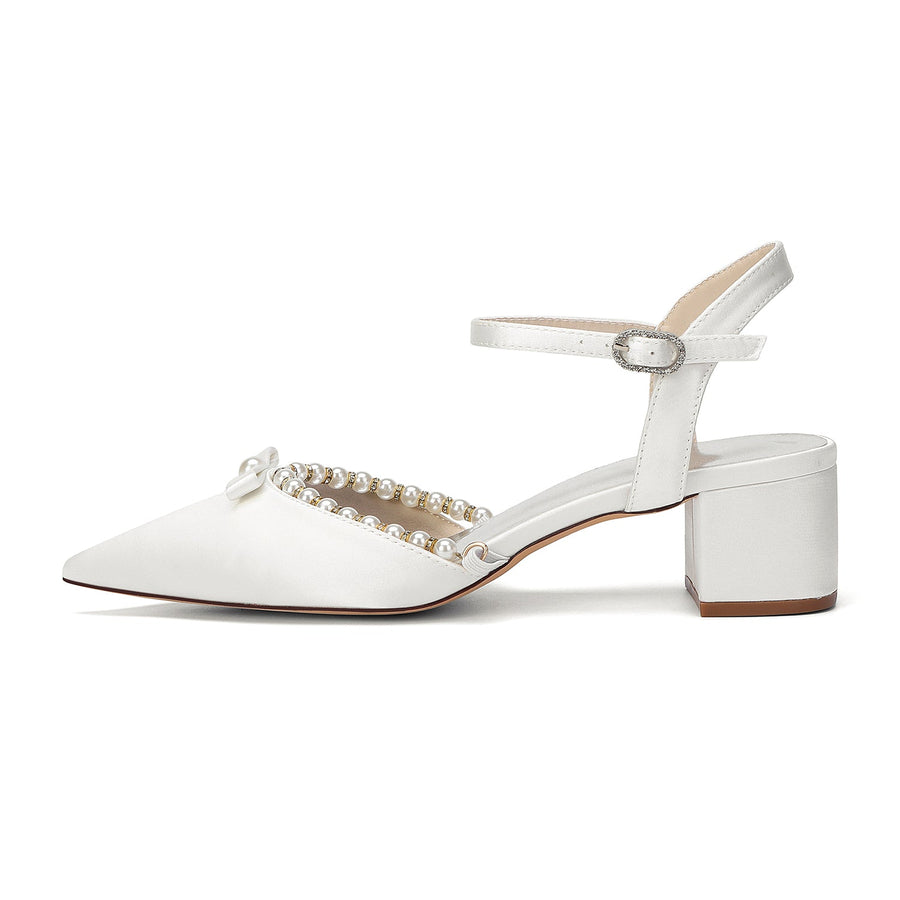 Women's Silk Satin With Closed Toe Ankle Strap Chunky Heel Evening Shoes With Rhinestone & Bowknot