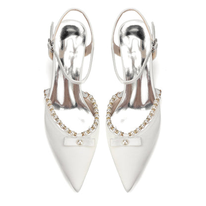 Women's Silk Satin With Closed Toe Ankle Strap Chunky Heel Evening Shoes With Rhinestone & Bowknot