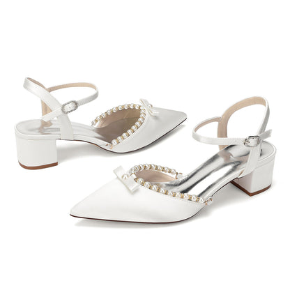 Women's Silk Satin With Closed Toe Ankle Strap Chunky Heel Evening Shoes With Rhinestone & Bowknot