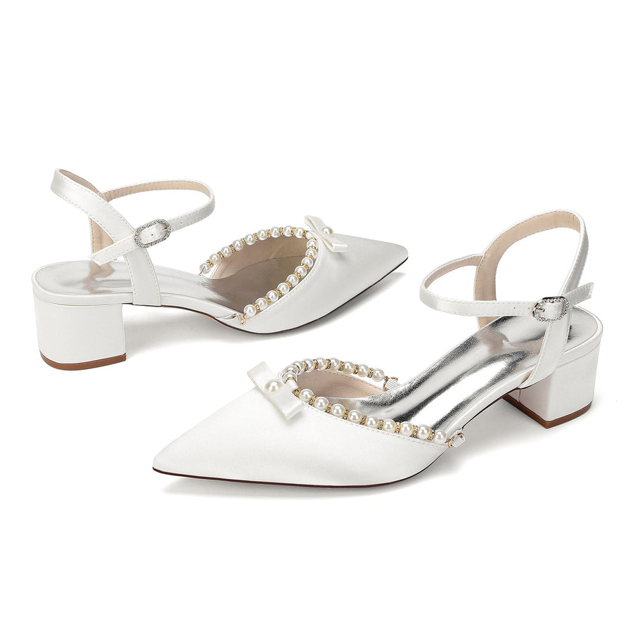 Women's Silk Satin With Closed Toe Ankle Strap Chunky Heel Evening Shoes With Rhinestone & Bowknot