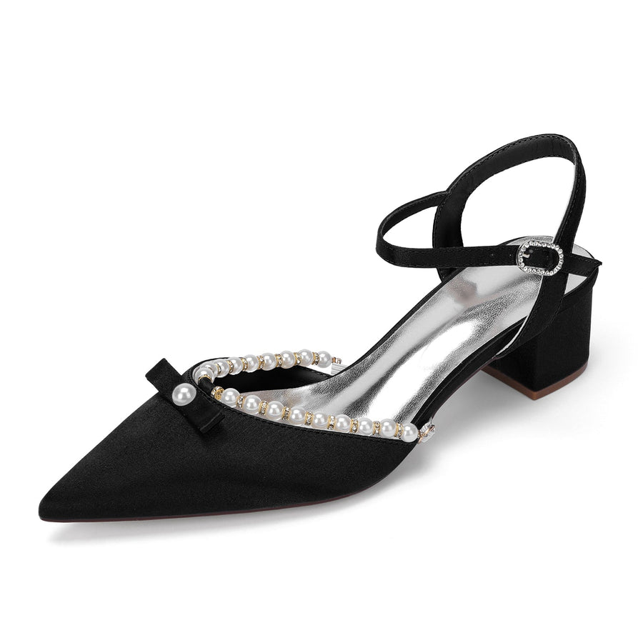 Women's Silk Satin With Closed Toe Ankle Strap Chunky Heel Evening Shoes With Rhinestone & Bowknot