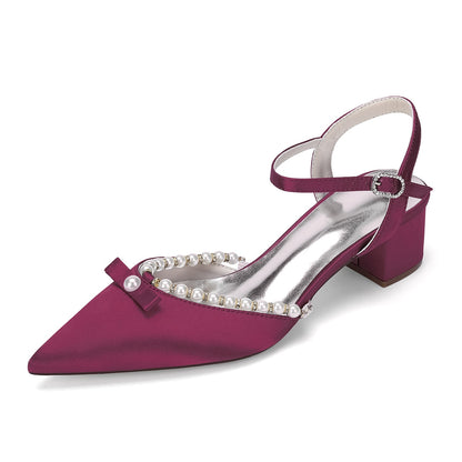 Women's Silk Satin With Closed Toe Ankle Strap Chunky Heel Evening Shoes With Rhinestone & Bowknot