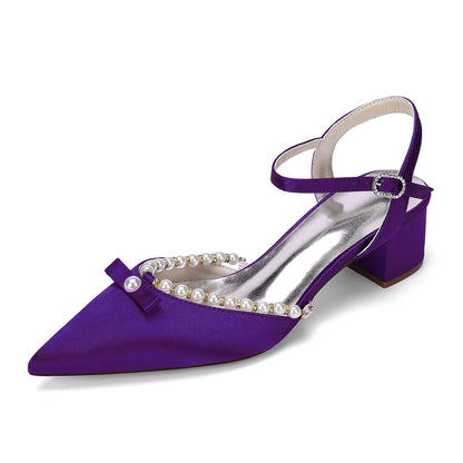 Women's Silk Satin With Closed Toe Ankle Strap Chunky Heel Evening Shoes With Rhinestone & Bowknot