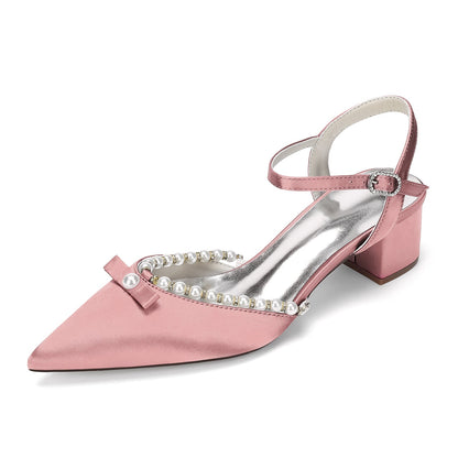 Women's Silk Satin With Closed Toe Ankle Strap Chunky Heel Evening Shoes With Rhinestone & Bowknot