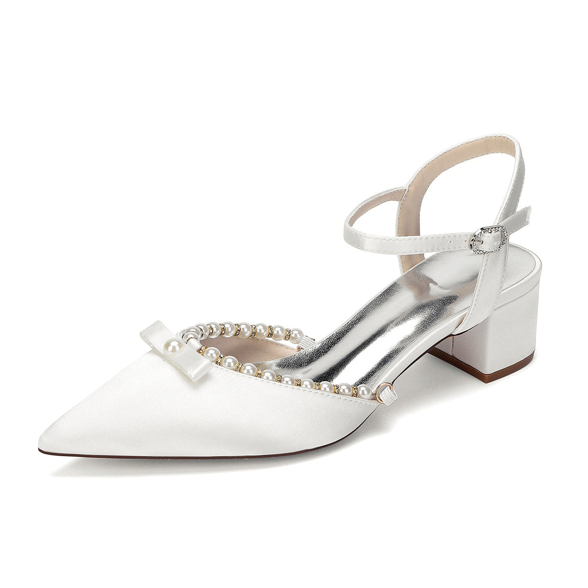 Women's Silk Satin With Closed Toe Ankle Strap Chunky Heel Evening Shoes With Rhinestone & Bowknot