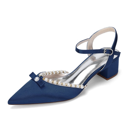 Women's Silk Satin With Closed Toe Ankle Strap Chunky Heel Evening Shoes With Rhinestone & Bowknot