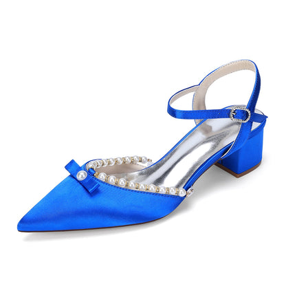 Women's Silk Satin With Closed Toe Ankle Strap Chunky Heel Evening Shoes With Rhinestone & Bowknot