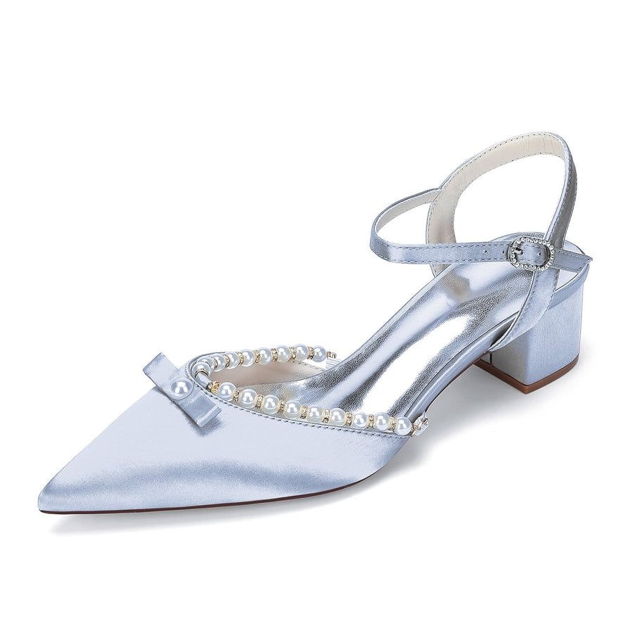 Women's Silk Satin With Closed Toe Ankle Strap Chunky Heel Evening Shoes With Rhinestone & Bowknot