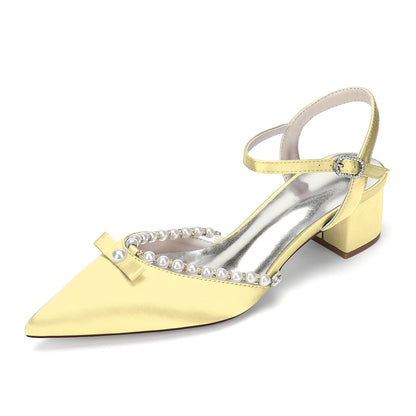 Women's Silk Satin With Closed Toe Ankle Strap Chunky Heel Evening Shoes With Rhinestone & Bowknot