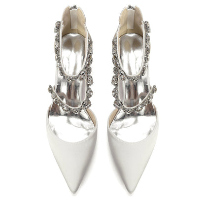 Women's Silk Satin With Closed Toe Ankle Strap Chunky Heel Evening Shoes With Rhinestone