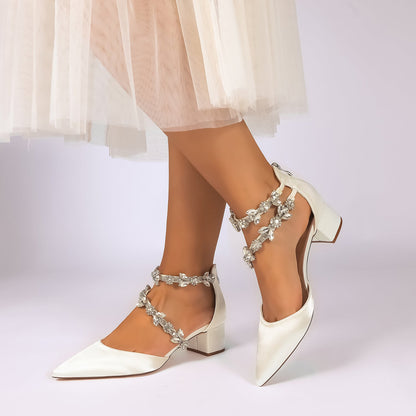 Women's Silk Satin With Closed Toe Ankle Strap Chunky Heel Evening Shoes With Rhinestone