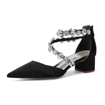 Women's Silk Satin With Closed Toe Ankle Strap Chunky Heel Evening Shoes With Rhinestone