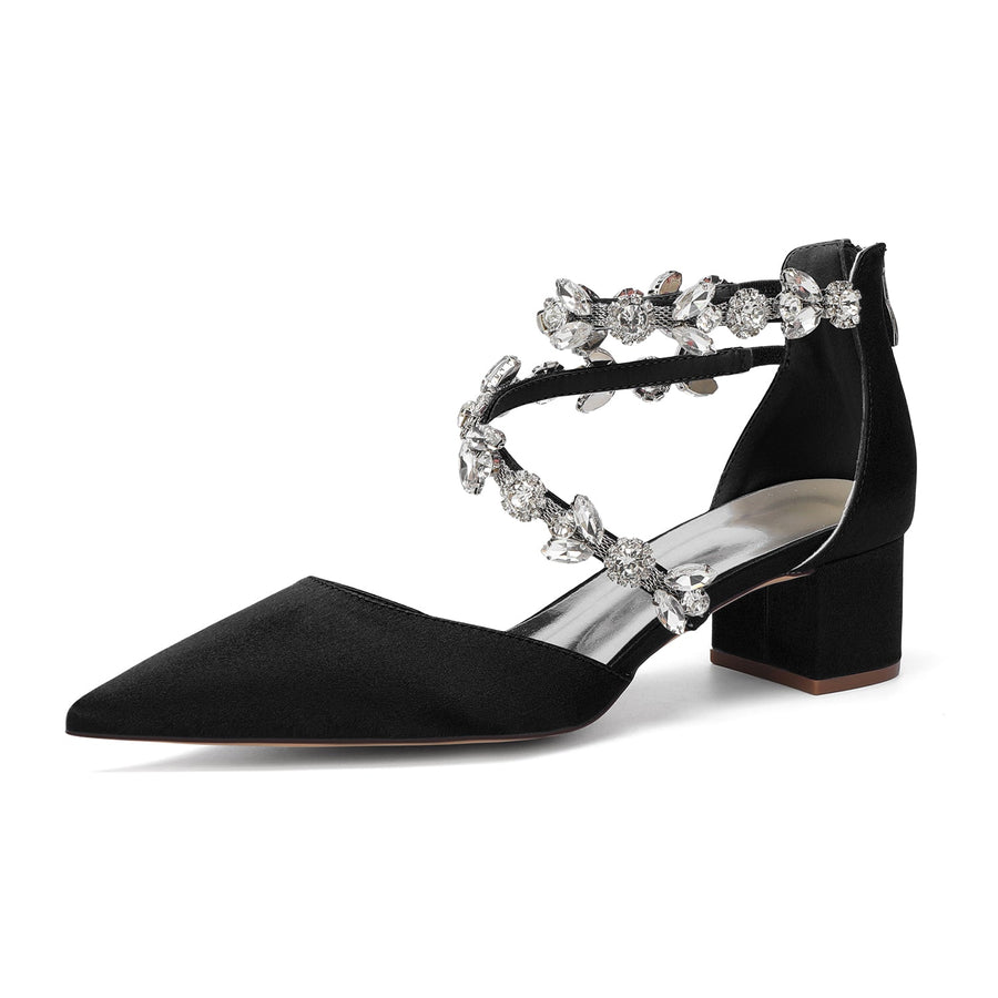 Women's Silk Satin With Closed Toe Ankle Strap Chunky Heel Evening Shoes With Rhinestone