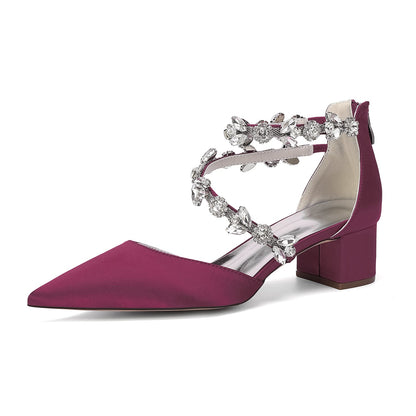 Women's Silk Satin With Closed Toe Ankle Strap Chunky Heel Evening Shoes With Rhinestone