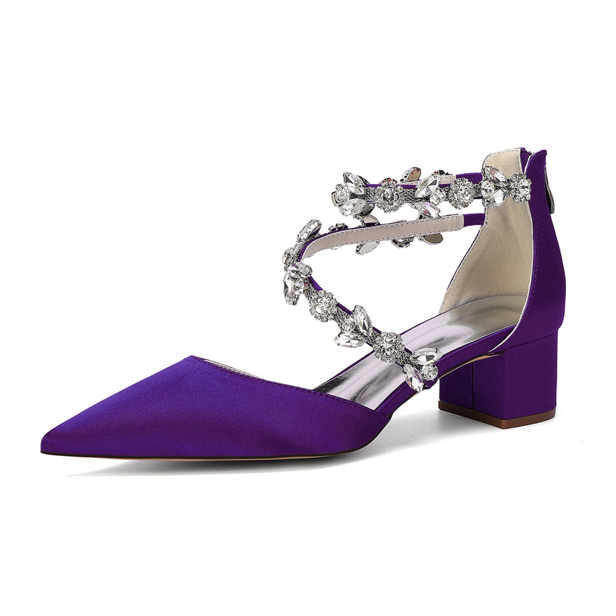 Women's Silk Satin With Closed Toe Ankle Strap Chunky Heel Evening Shoes With Rhinestone