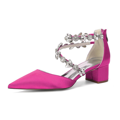 Women's Silk Satin With Closed Toe Ankle Strap Chunky Heel Evening Shoes With Rhinestone